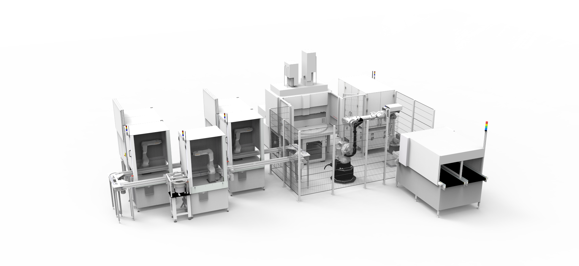 Graue Roboterzellen stehen zusammen, um Arbeitsschritte bei einem Teiletransfer von einer Produktionsmaschine zur Qualitätskontrolle auszuführen