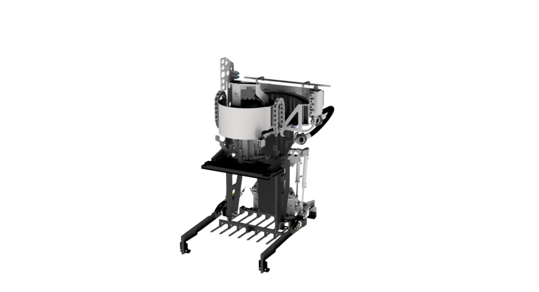 Rendering 3D view of a palletizing gripper with gripping hook at the bottom during pallet handling