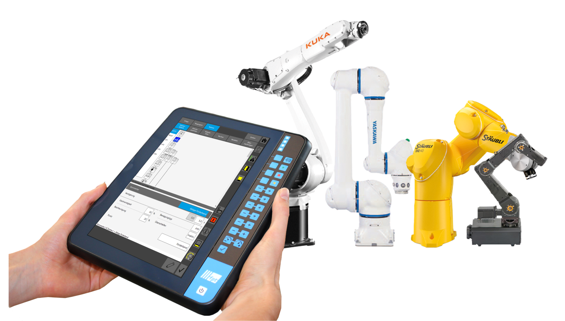 Smartpad im Vordergrund mit vier Roboter unterschiedlicher Hersteller im Hintergrund