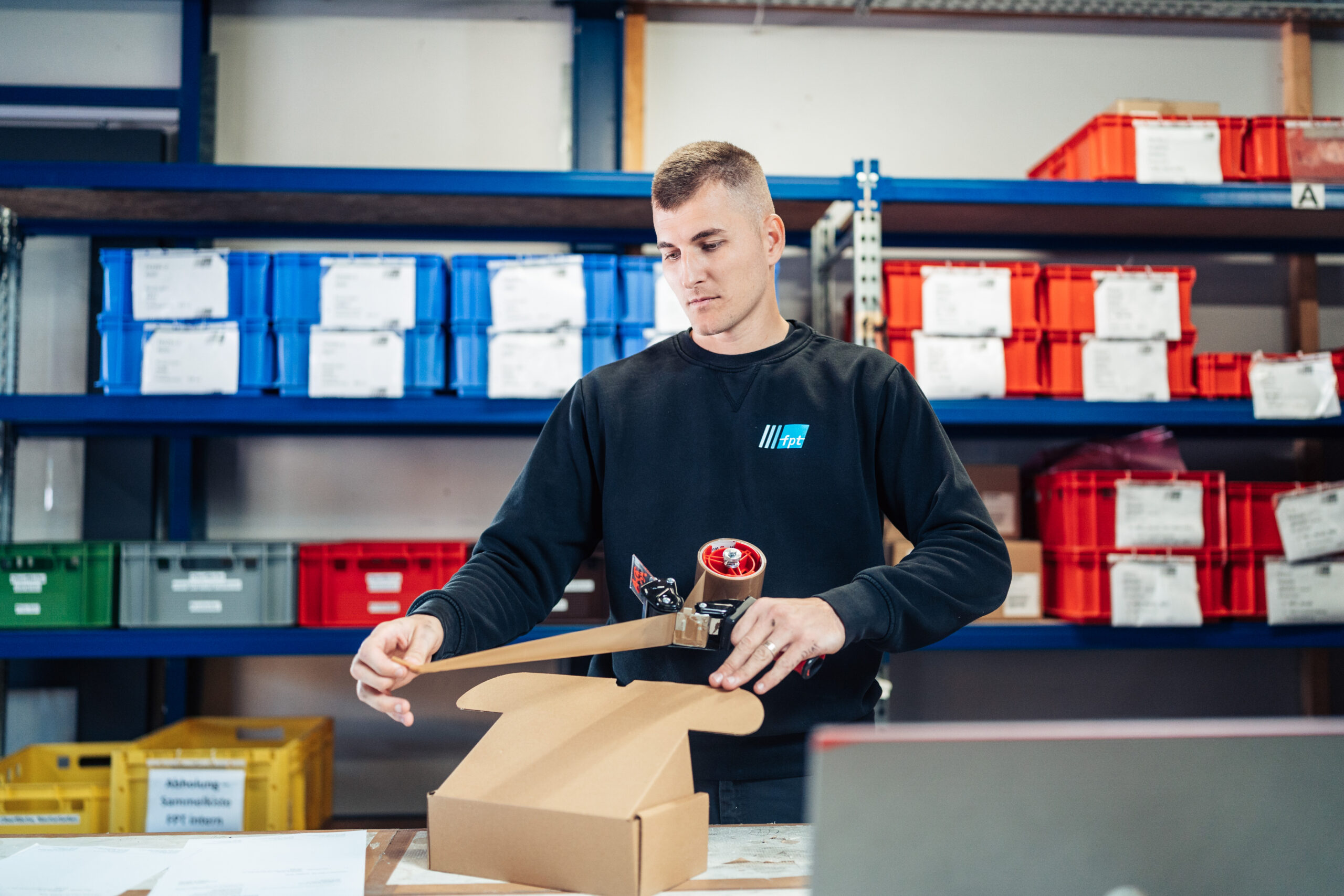 Shipping employee wraps a package with adhesive tape for a spare parts delivery