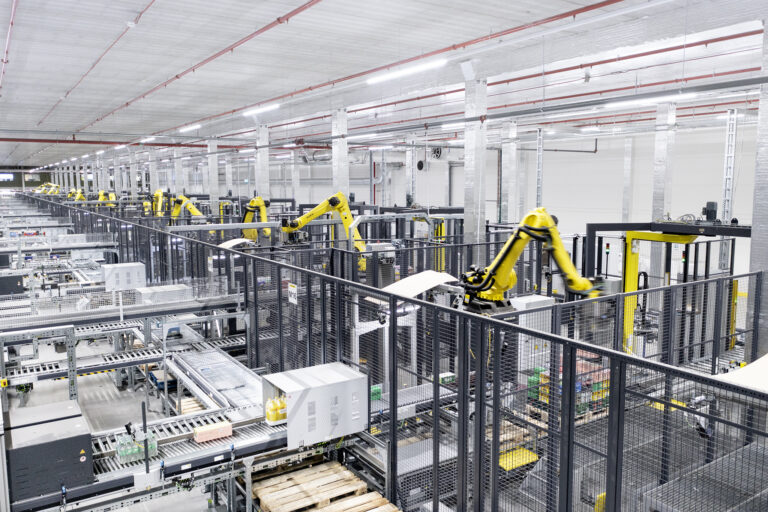 Palettierroboter in einer hochautomatisierten Distributionshalle
