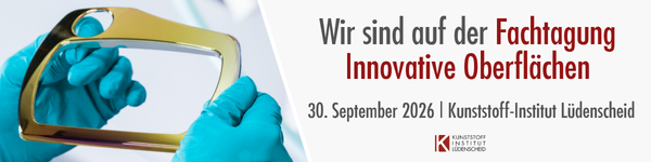 Two hands in blue gloves hold a plastic component, next to it text in gray and red with event information